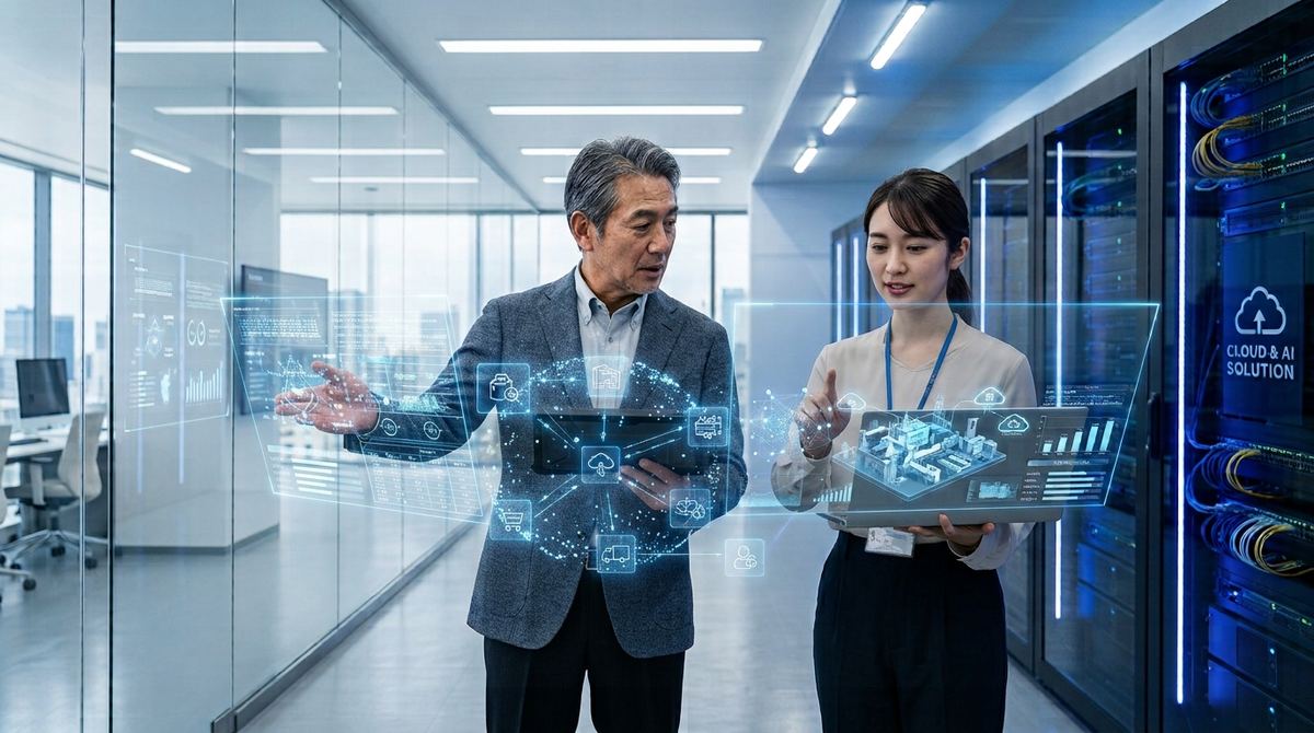 データセンターで、クラウドとAIのソリューション画面を前に対話するベテランエンジニアと若手エンジニア