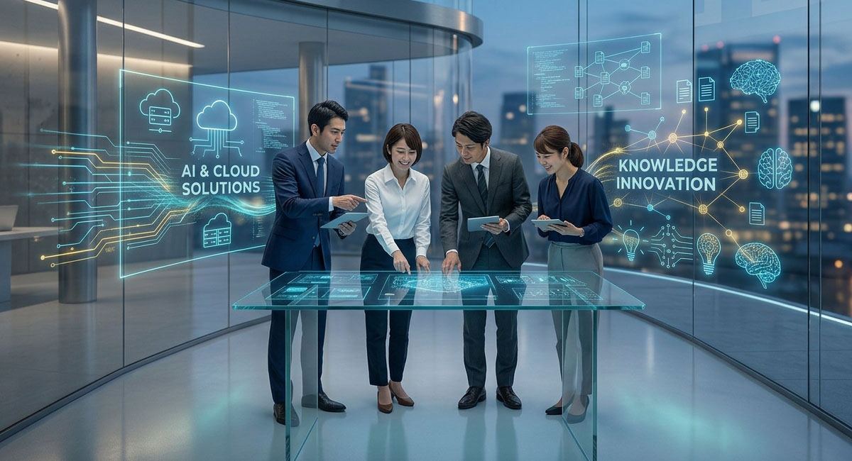 ガラス張りのオフィスで、AI & CLOUD SOLUTIONS と KNOWLEDGE INNOVATION のホログラム表示を囲んで議論する4名のメンバー